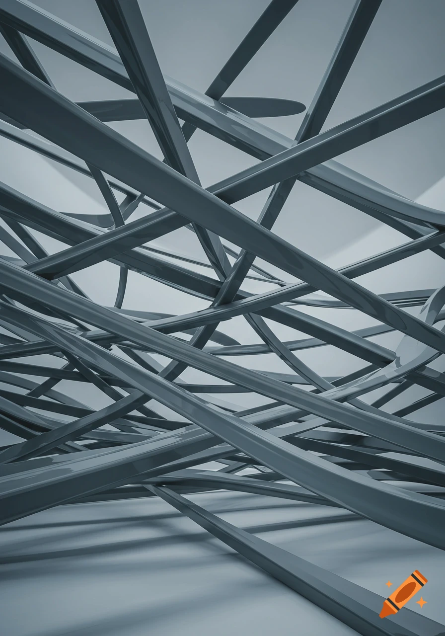 Abstract 3D render of numerous tangled grey curved bands on a light background.