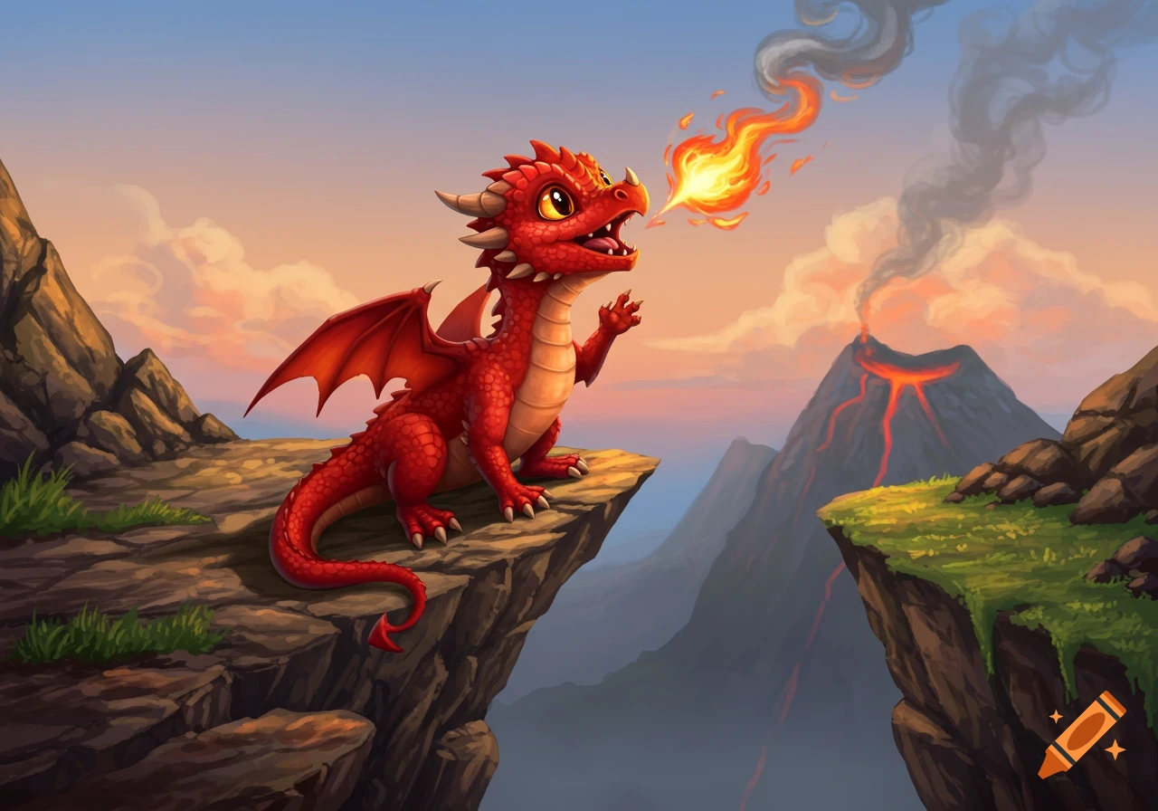 A cute, red infant dragon sits on a rocky cliff, breathing fire, with an erupting volcano in the background.