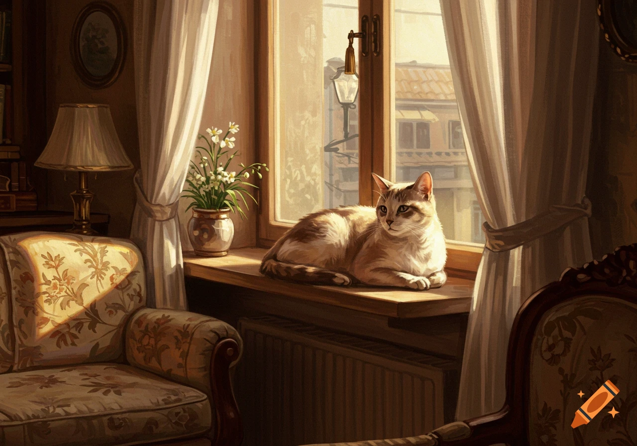 A tabby cat lounges on a sunlit windowsill next to white curtains and a vase of white flowers, overlooking a city.