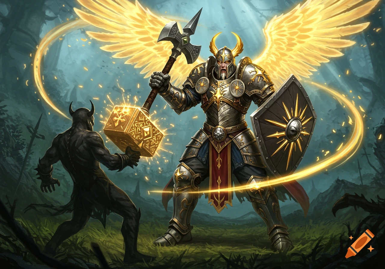 A golden-winged paladin in shining armor wields a glowing hammer against a horned demon in a dark forest.