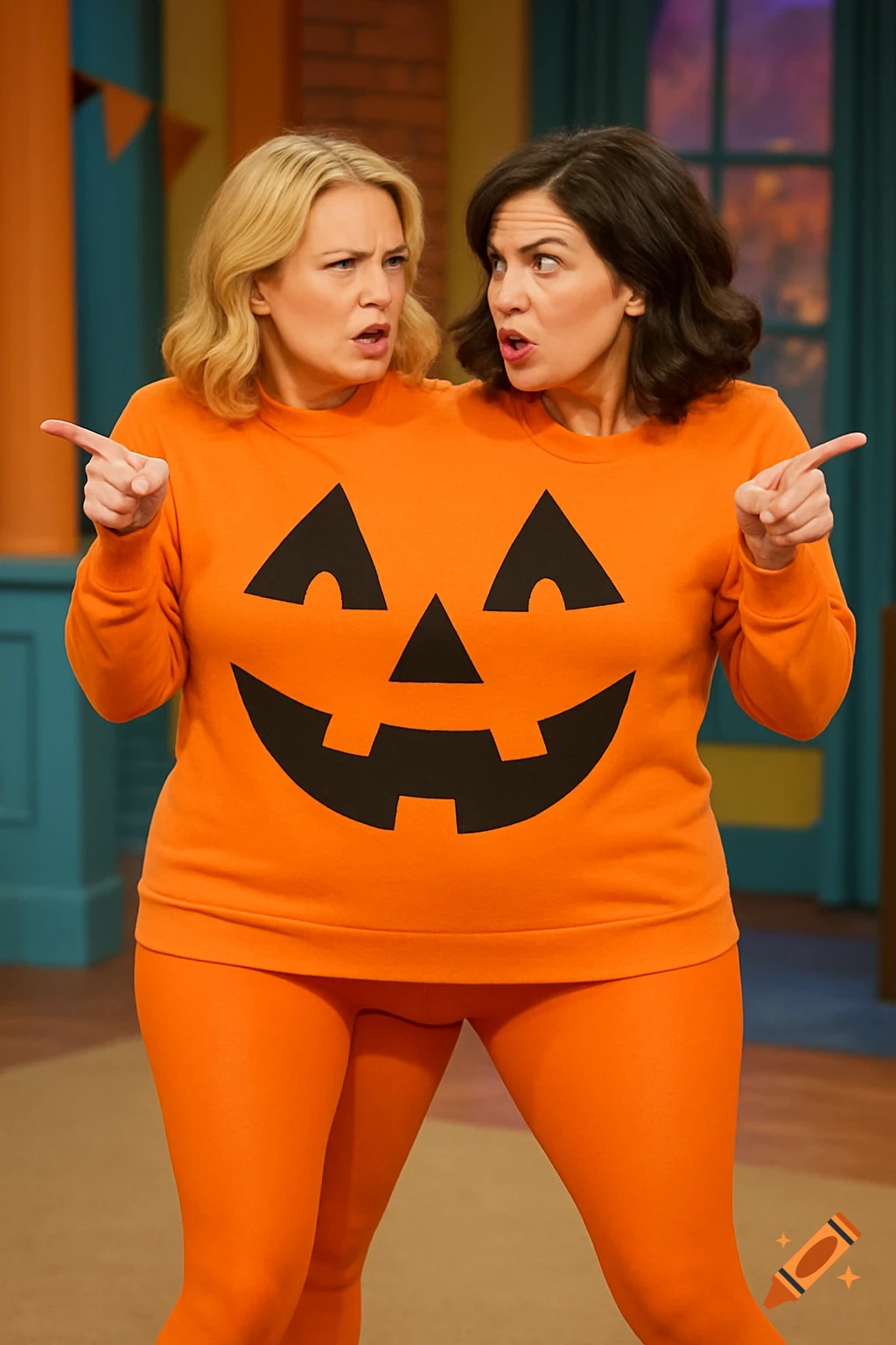 Two women in an orange conjoined pumpkin costume look surprised and point in opposite directions on a TV set.