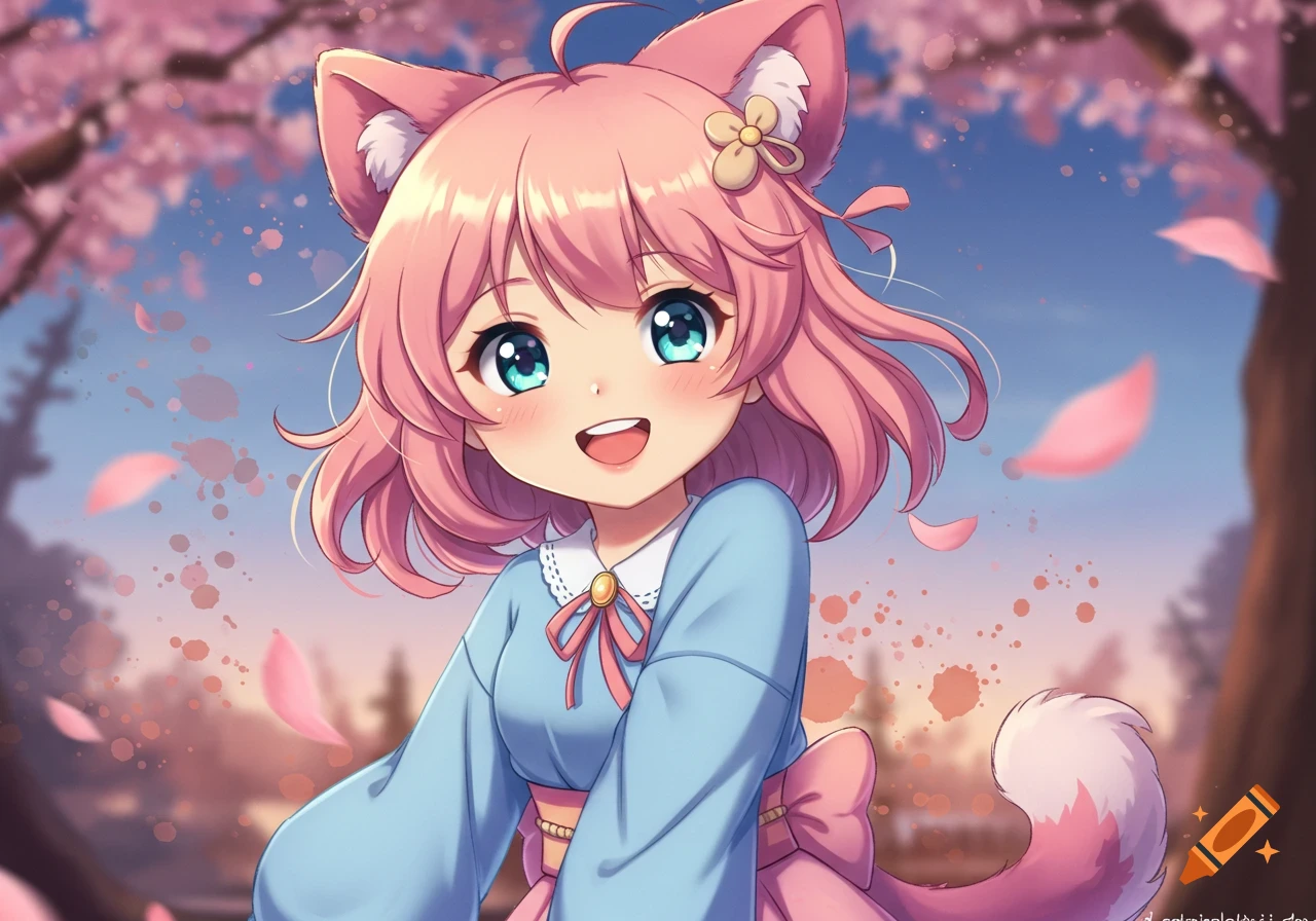 Anime cat-girl with pink hair, blue eyes, and cat ears, smiling happily under cherry blossom trees with falling petals.