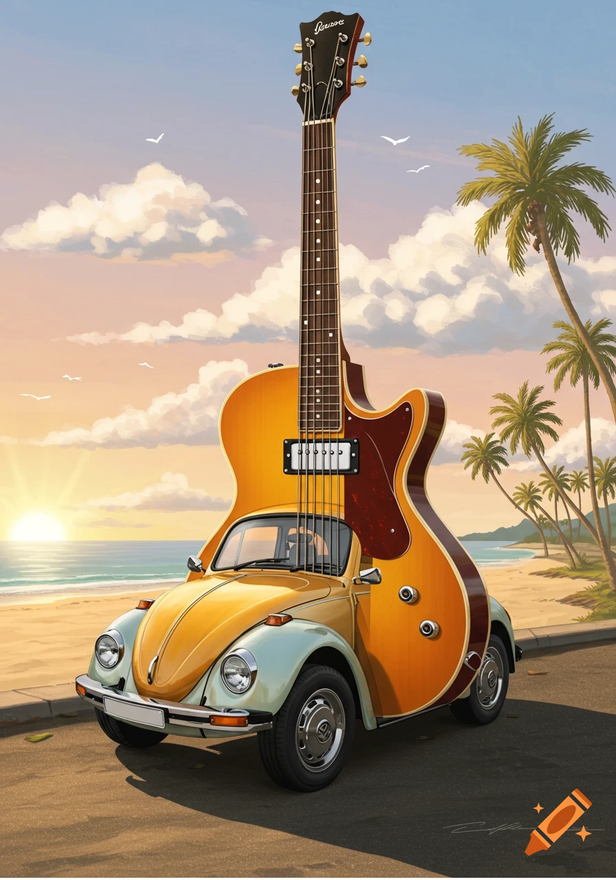 A yellow Volkswagen Beetle merged with a guitar on a road by a beach with palm trees at sunset, in a vibrant, stylized art style.