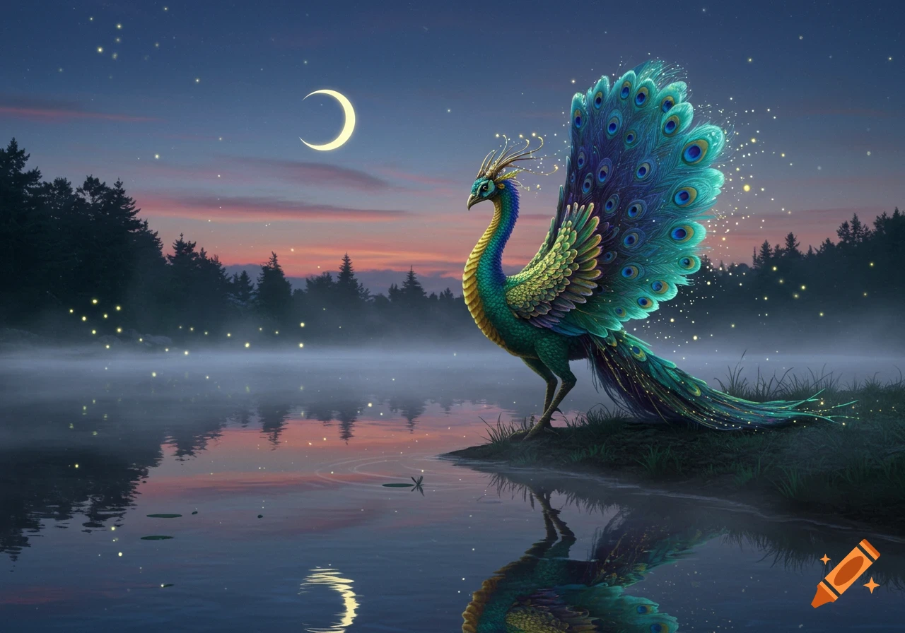 A vibrant, fantastical peacock stands by a misty lake under a crescent moon and starry night sky.