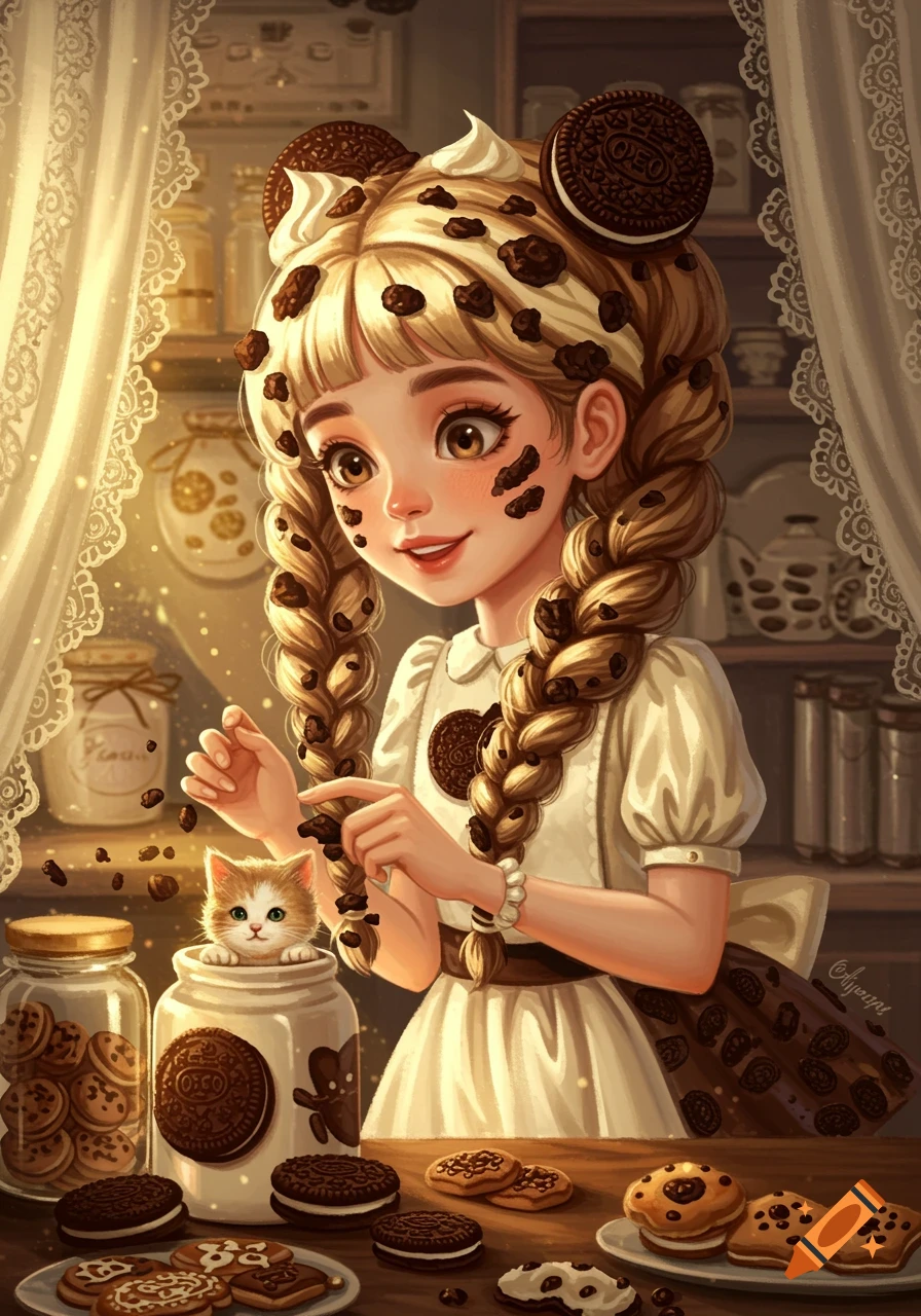 A whimsical girl with blonde braided hair adorned with cookies and cream, smiling in a cozy kitchen filled with jars of cookies, with a small kitten peeking from a cookie jar.