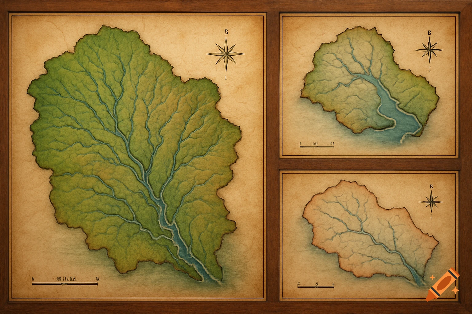 Three vintage-style watershed maps in a wooden frame, showing river systems and terrain on aged paper.