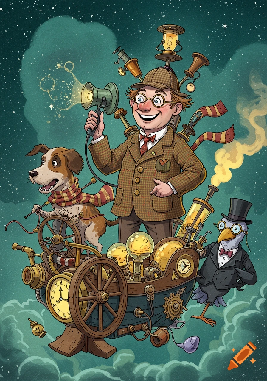 A whimsical cartoon of a smiling inventor, his dog, and a bird in a steampunk flying machine, soaring through a starry sky.