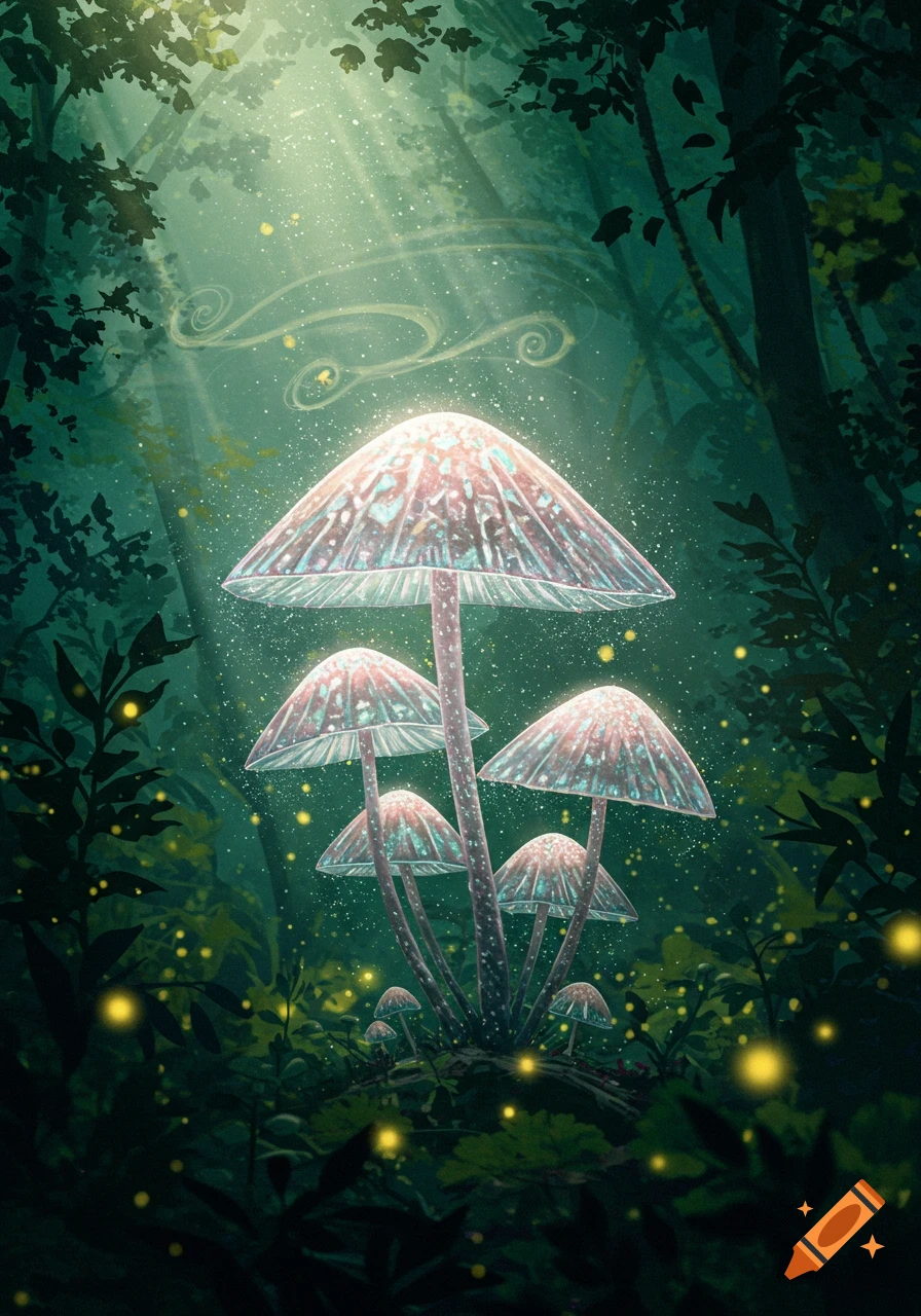 Glowing, translucent mushrooms illuminate a dark, mystical forest floor with ethereal light rays and sparkling dust.