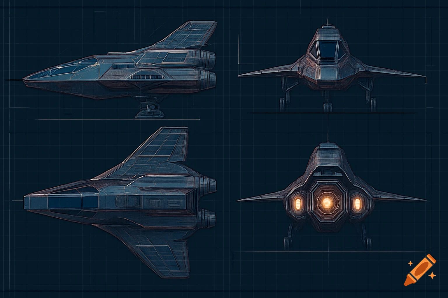 Blueprint-style views of a futuristic gray spacecraft from top, side, front, and back on a dark grid.