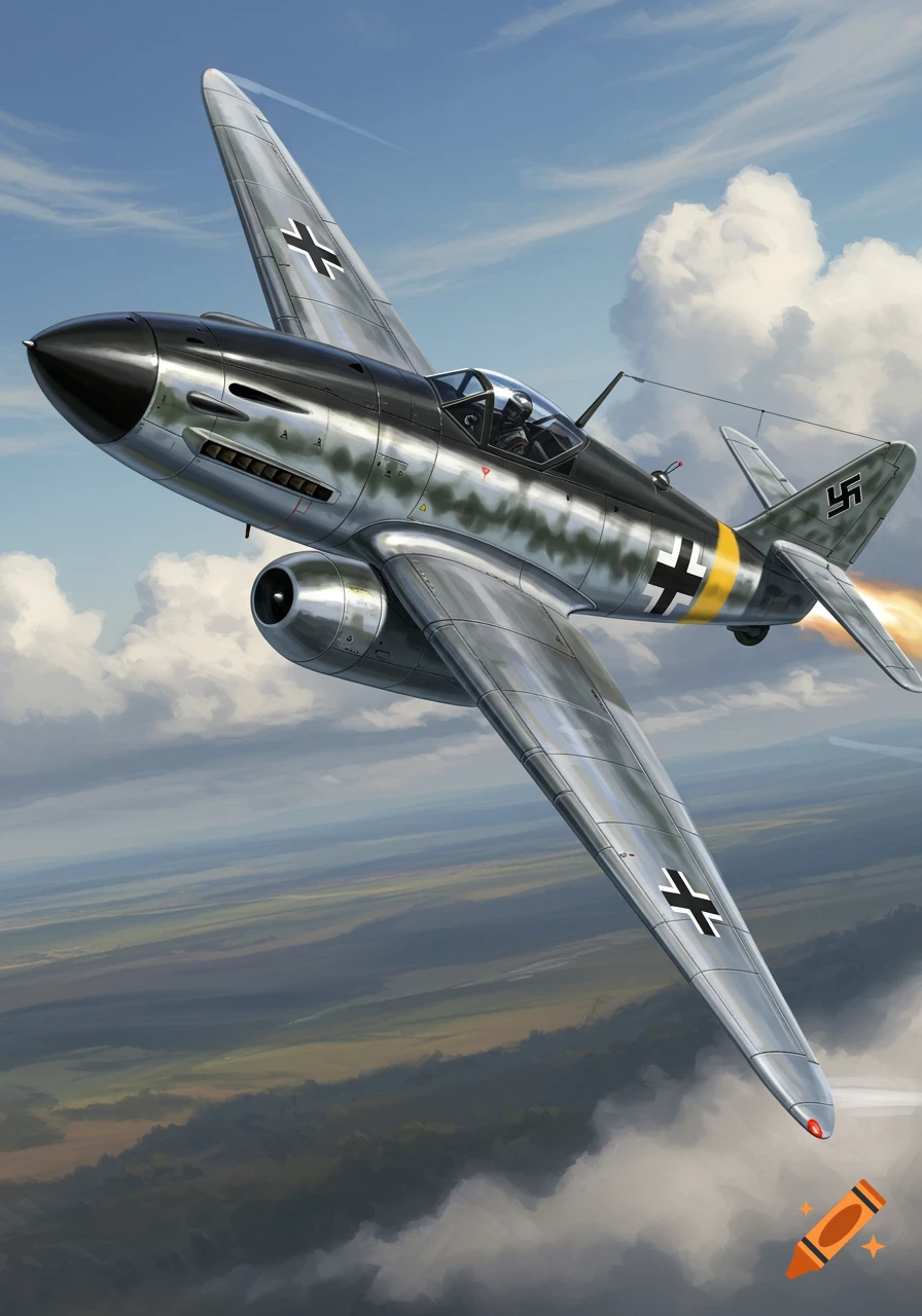 A detailed digital painting of a silver and black Me 163 Komet aircraft with a yellow stripe, flying against a cloudy sky over land.