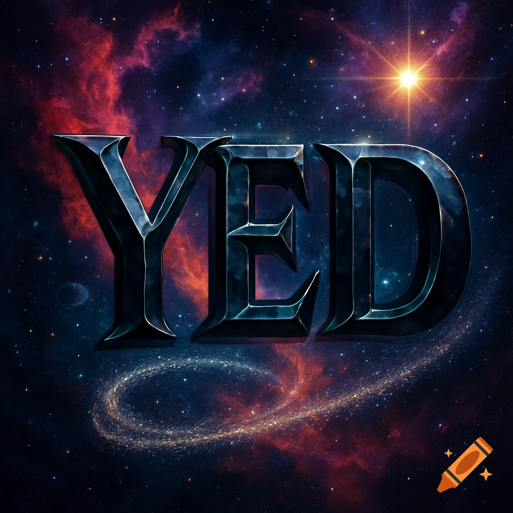 The word 'YED' rendered in metallic 3D letters against a vibrant cosmic nebula and stars.