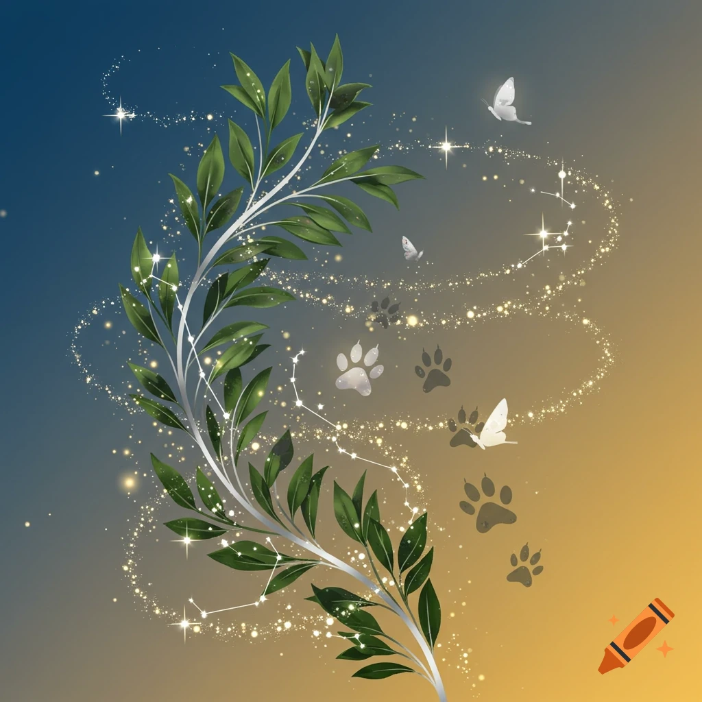 Stylized leafy branch with silver stem, glowing particles, white butterflies, and paw prints on a blue and gold gradient background.