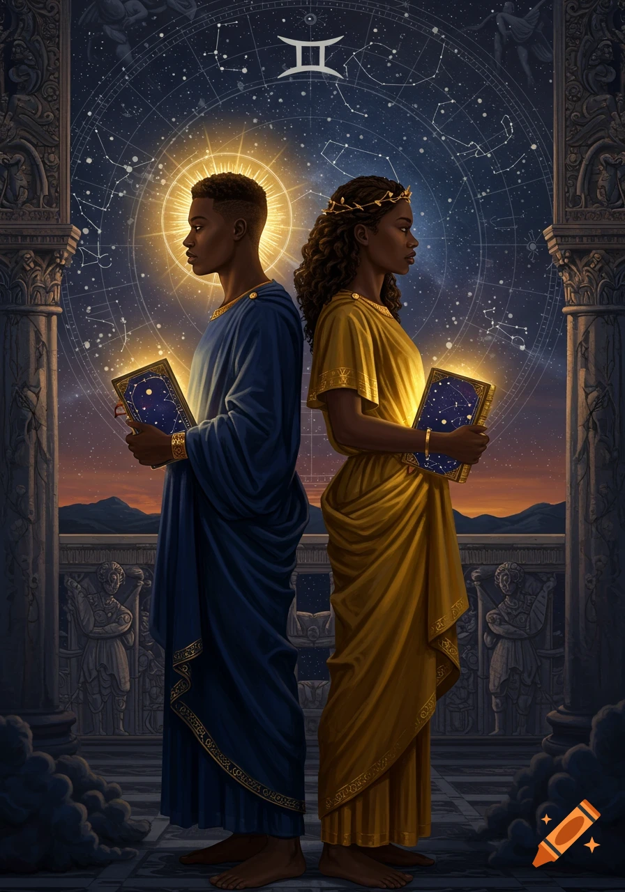 Hyperrealistic digital painting of Gemini twins, a man in blue and woman in gold, standing back-to-back under a celestial sky with constellations and ancient architecture.