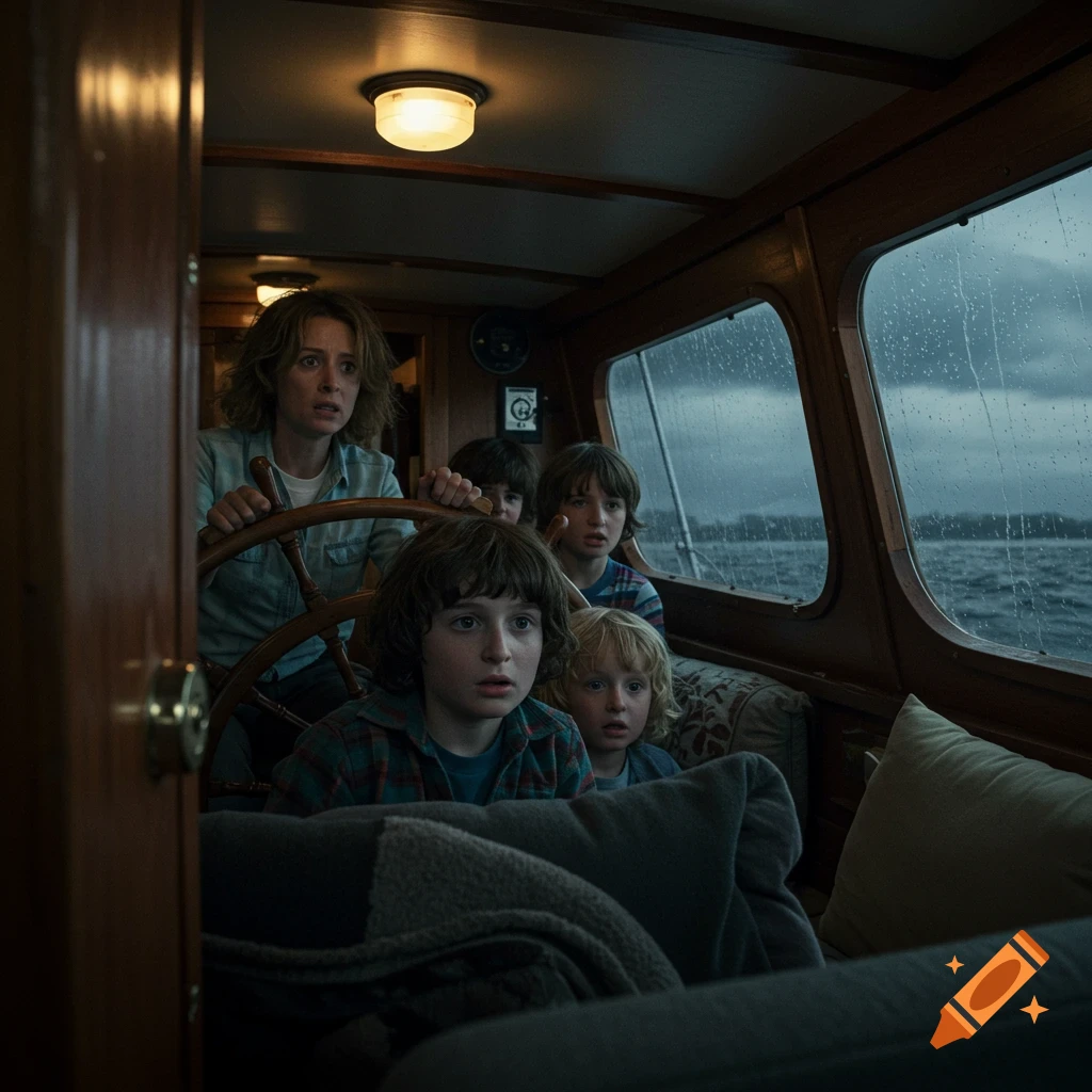 A woman and four young boys look worried while on a boat during a storm, with rain visible outside the windows.