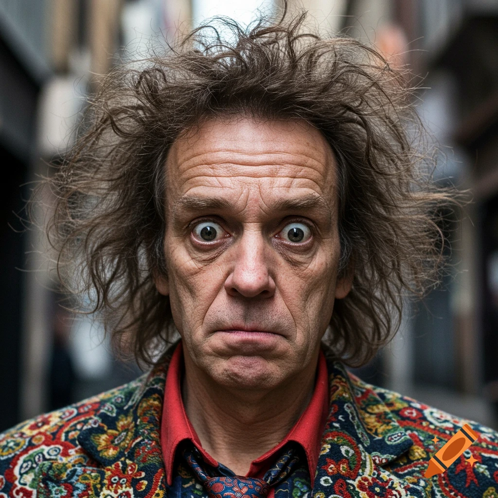 Photorealistic portrait of a man with disheveled hair, wide eyes, and a colorful patterned jacket, looking at the viewer.