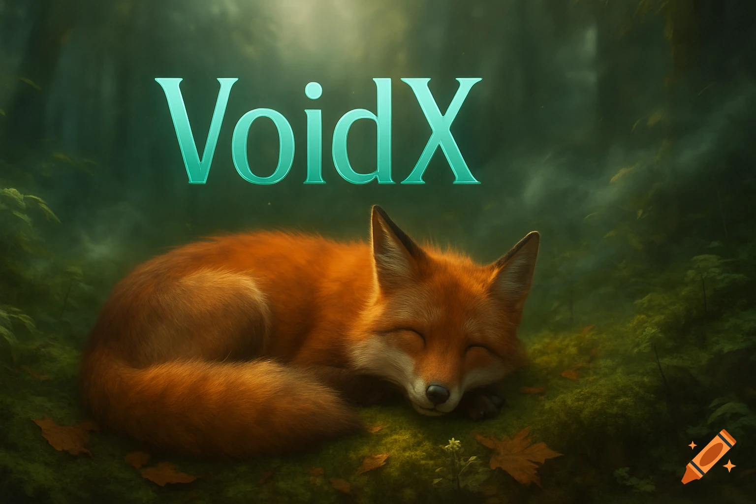 A sleeping red fox curls up on a mossy forest floor under glowing teal text "VoidX".