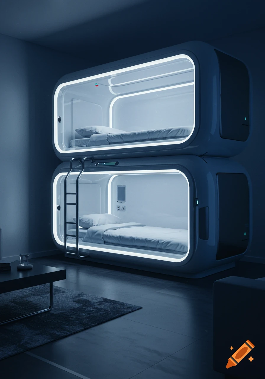 Two stacked futuristic capsule beds with glowing white light accents in a dimly lit modern room, photorealistic.