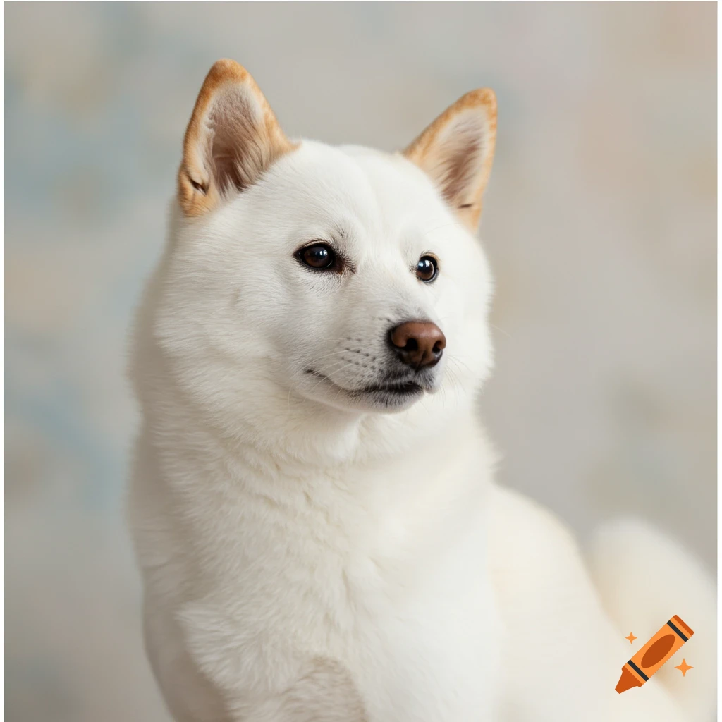 A close-up photorealistic portrait of a white Shiba Inu dog looking to the right against a soft, blurred background.