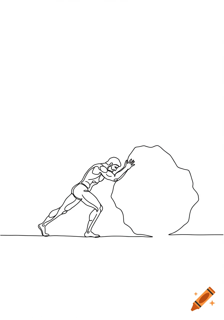 A simplistic continuous line drawing of Sisyphus pushing a large rock on a white background.