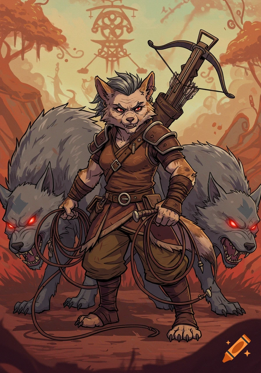 A fierce, cartoony female fox-like character in leather armor holds a whip, flanked by two snarling wolves with glowing red eyes in a reddish fantasy landscape.