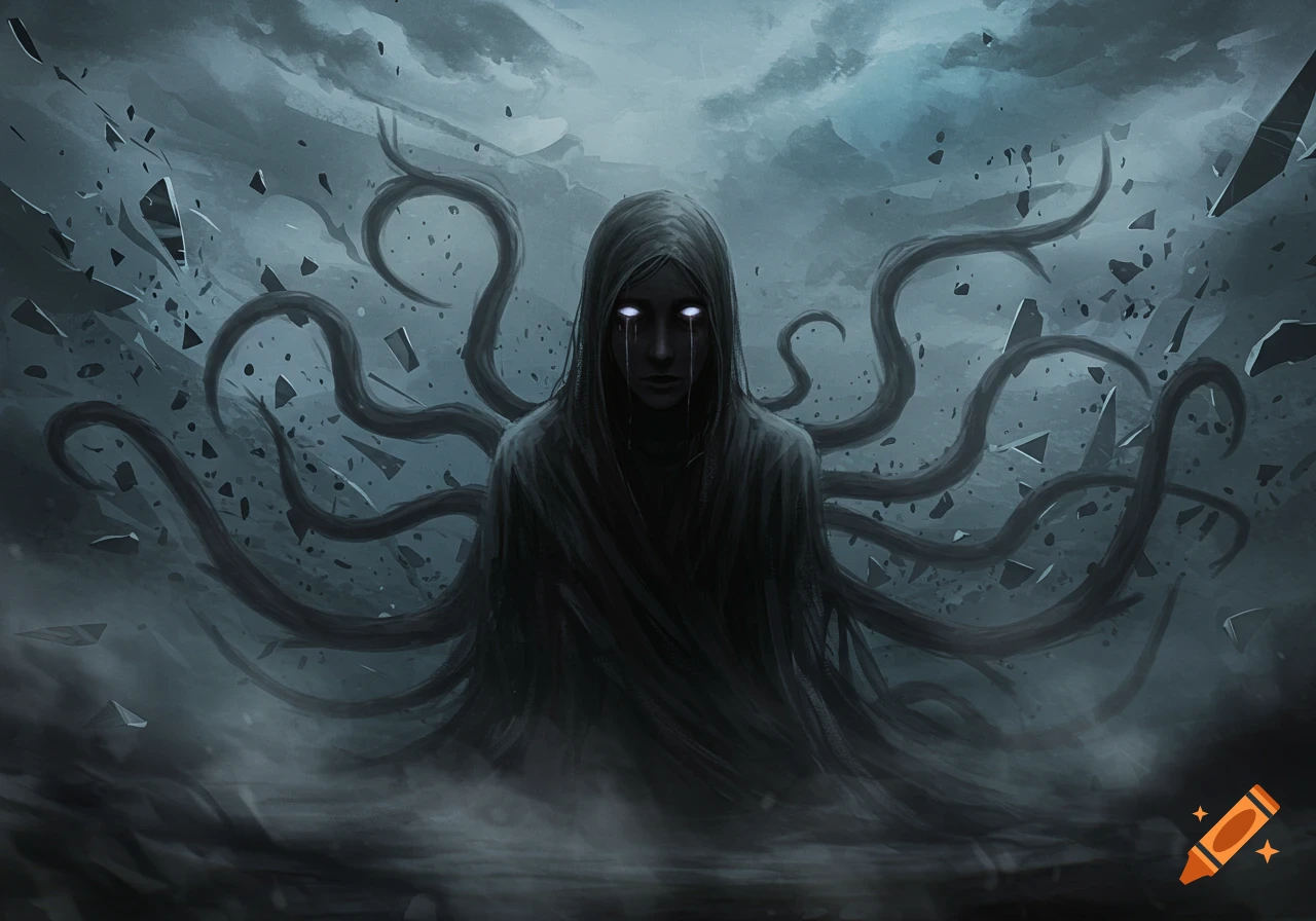 A dark, cloaked figure with glowing white eyes and tears, surrounded by swirling dark tendrils and shattered fragments in a misty, ominous setting.