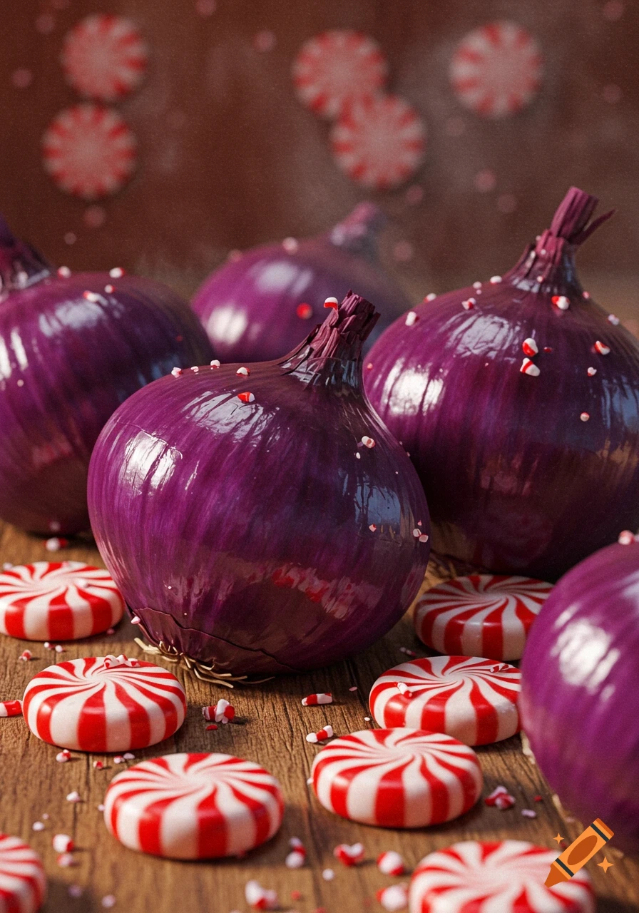 Close-up of vibrant purple onions and red and white striped peppermint candies on a wooden table.