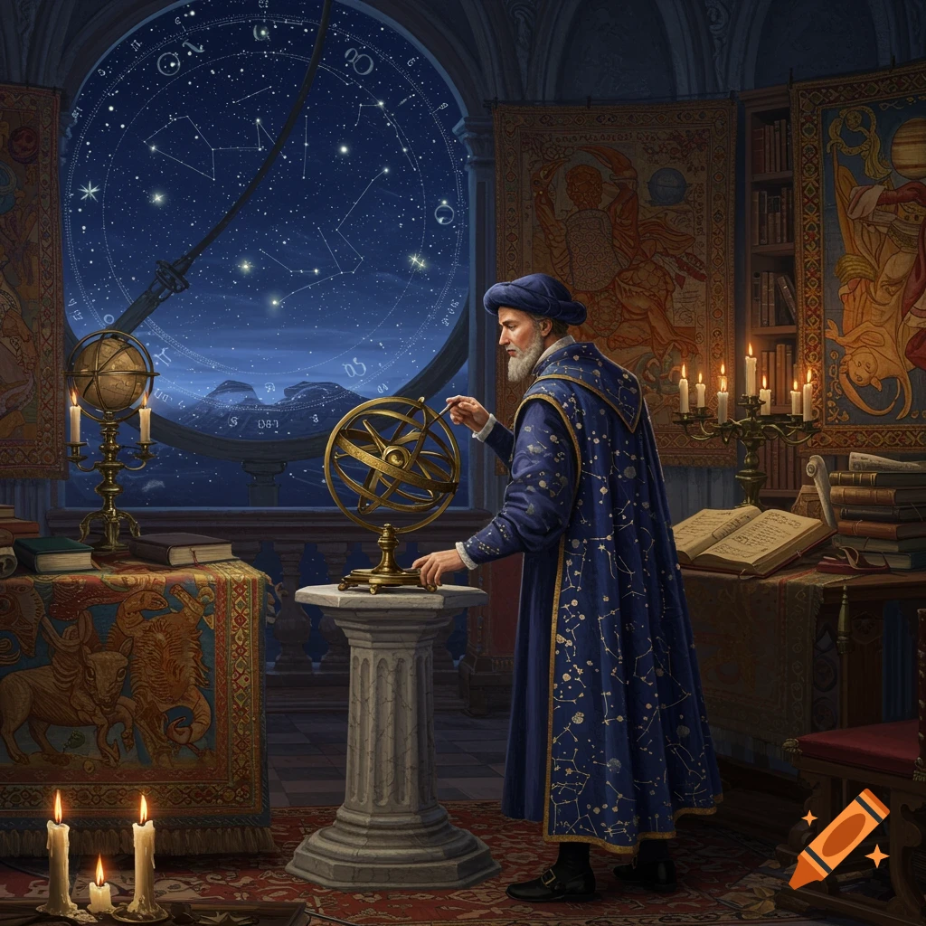 A man in Renaissance attire studies an armillary sphere by candlelight, with a large window showing a starry night sky and astrological symbols.