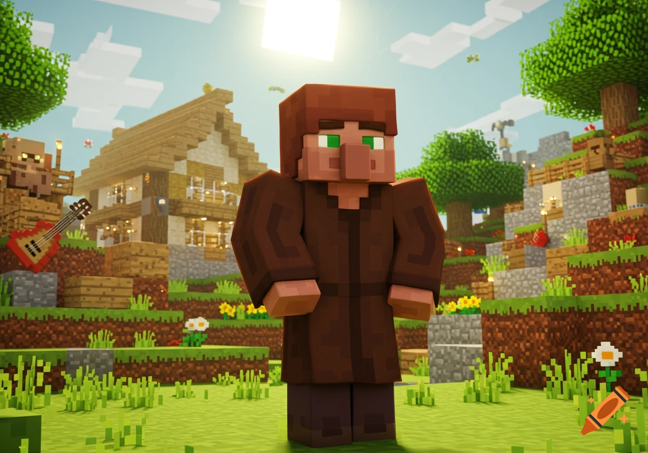 A Minecraft villager stands in a sunny, blocky landscape with a house and trees in the background.