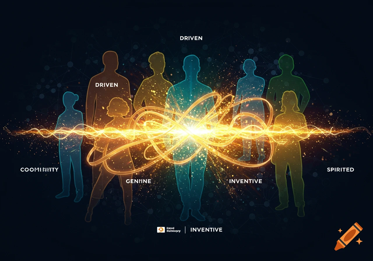 Silhouettes of diverse people in various colors, glowing with bright orange energy, with words like 'DRIVEN', 'INVENTIVE', and 'SPIRITED' floating around them on a dark, abstract background.