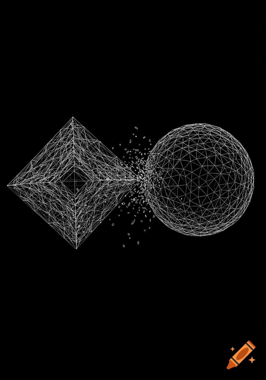 Wireframe cube and sphere colliding, scattering particles, on a black background.