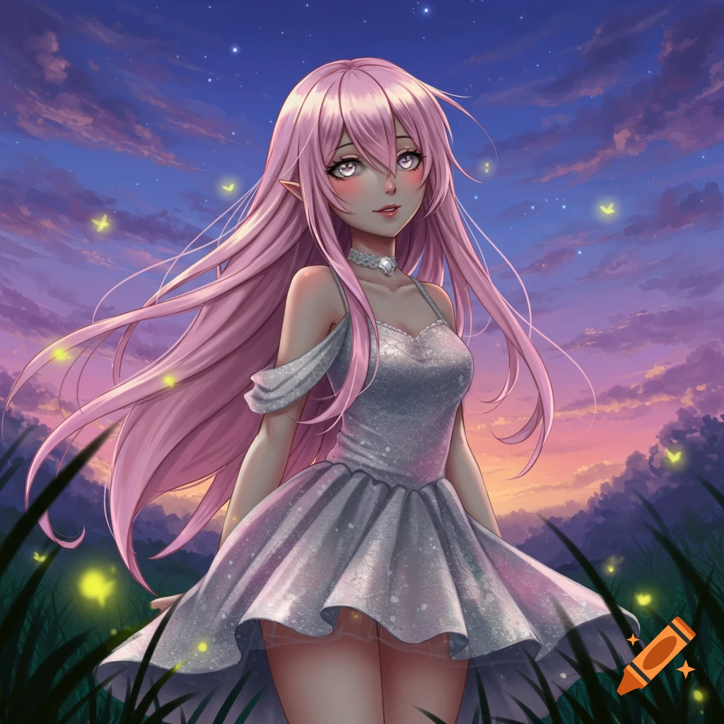 Anime girl with pink hair and heart pupils in a sparkly dress standing in a field at sunset with fireflies.