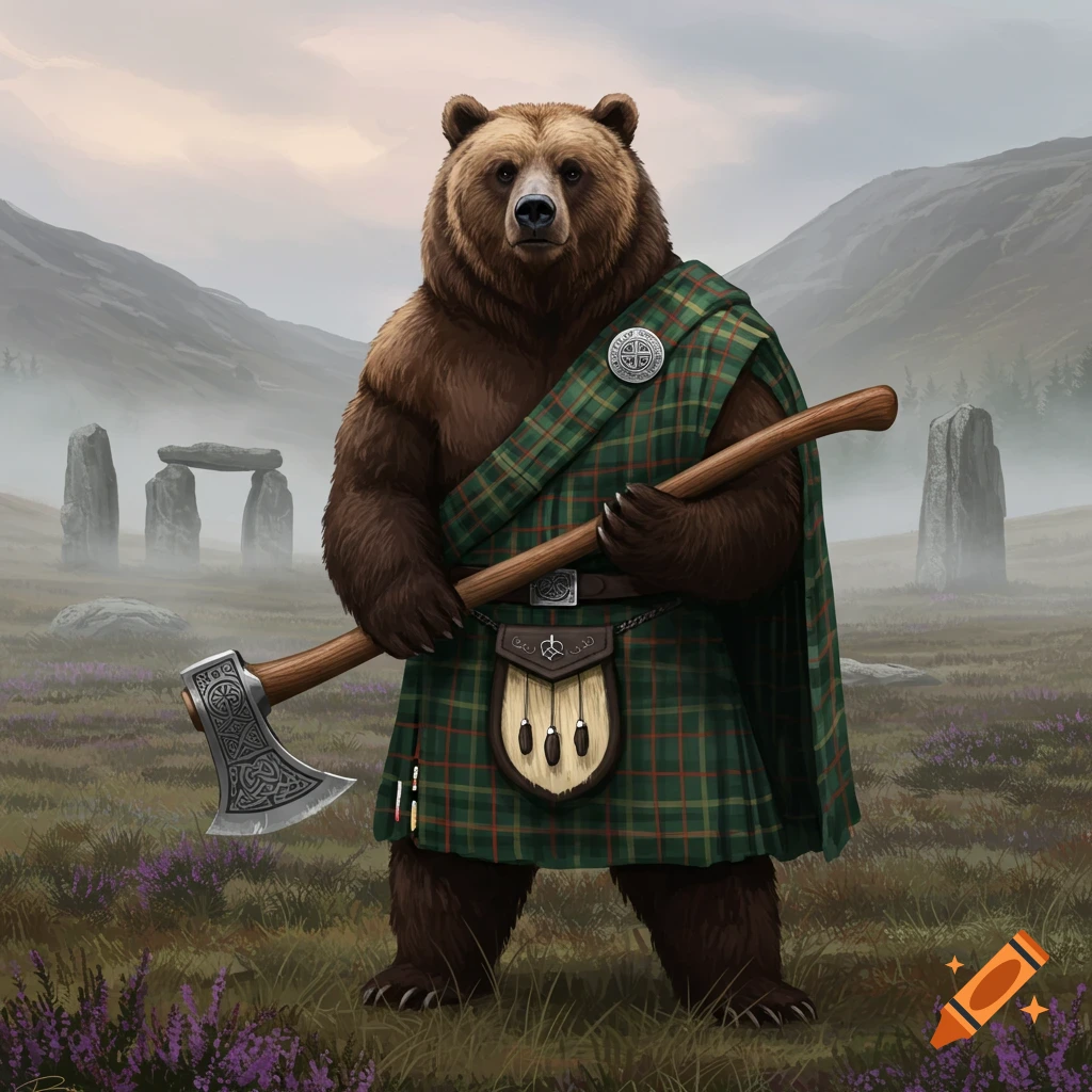 A brown bear wearing a green Scottish kilt and holding an axe stands in a misty field with ancient stone structures.