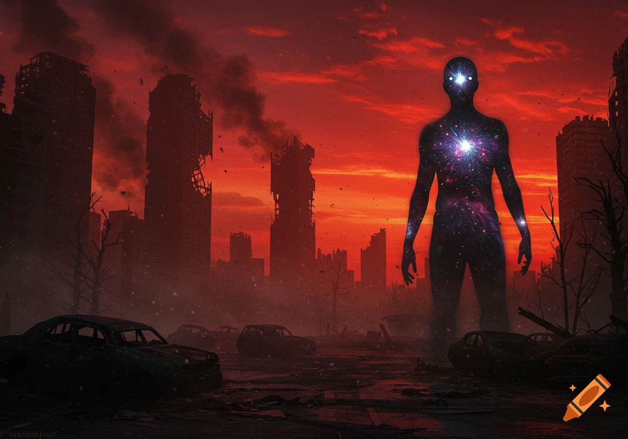 A giant silhouetted figure, its body a galaxy, stands in a ruined city under a red apocalyptic sky with wrecked cars.