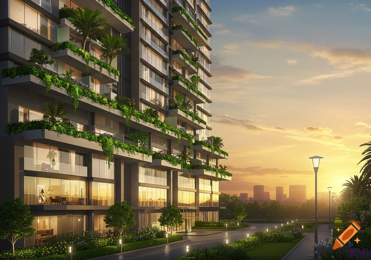 Photorealistic rendering of a modern apartment building with balconies draped in green vines and trees, set against a sunset sky with an illuminated pathway and garden.