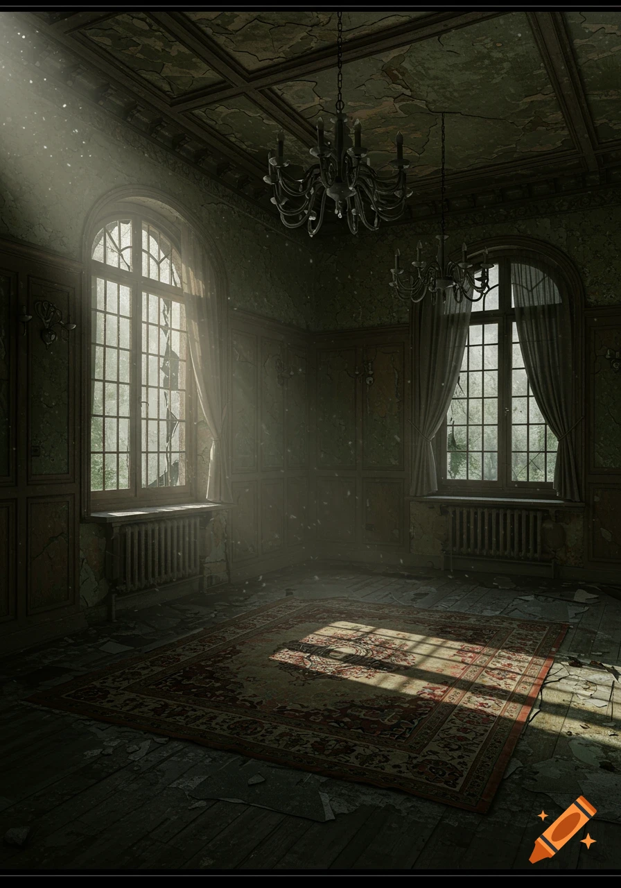 Photorealistic abandoned room with large broken windows, dusty sunbeams, two chandeliers, and a worn antique rug on a damaged floor.