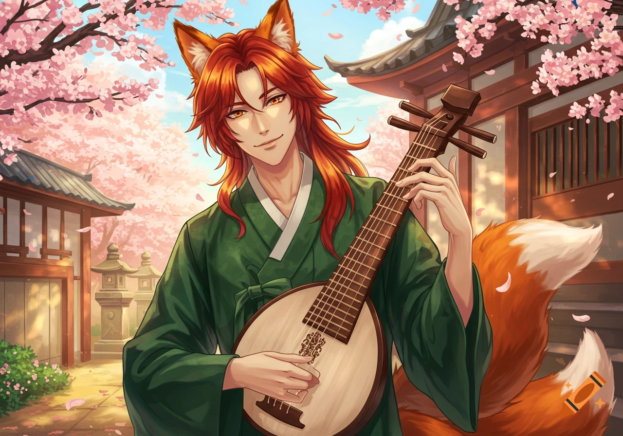 An anime man with reddish-orange hair, fox ears, and a tail plays a lute under pink cherry blossom trees next to traditional Japanese buildings.