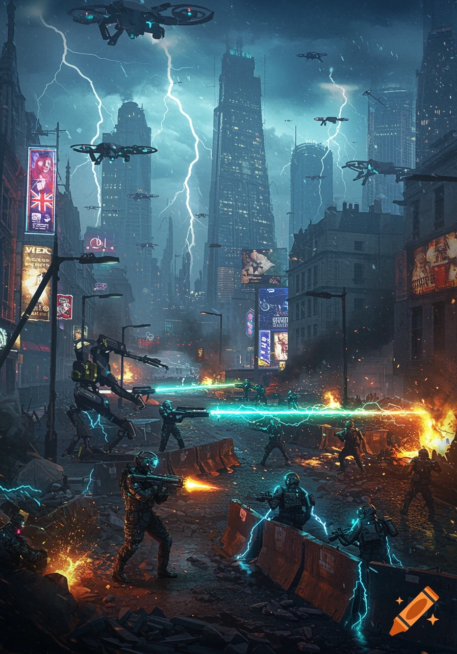 A futuristic civil war rages in a cyberpunk city at night with soldiers, robots, drones, lightning, and explosions.