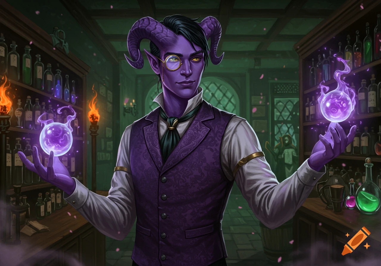 A purple-skinned tiefling man with horns and a monocle stands in an apothecary, holding two glowing purple magic orbs.
