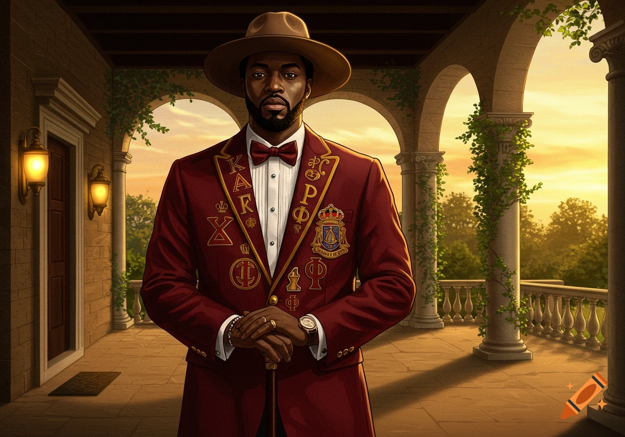 A photorealistic portrait of a Black man in a maroon suit with fraternity symbols, a hat, and a bowtie, standing on an ornate veranda.