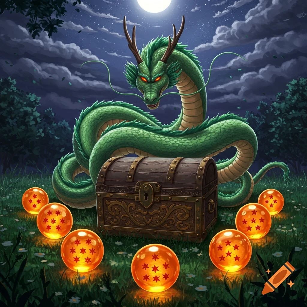 A green dragon sits behind a treasure chest, surrounded by glowing orange Dragon Balls in a moonlit forest clearing.