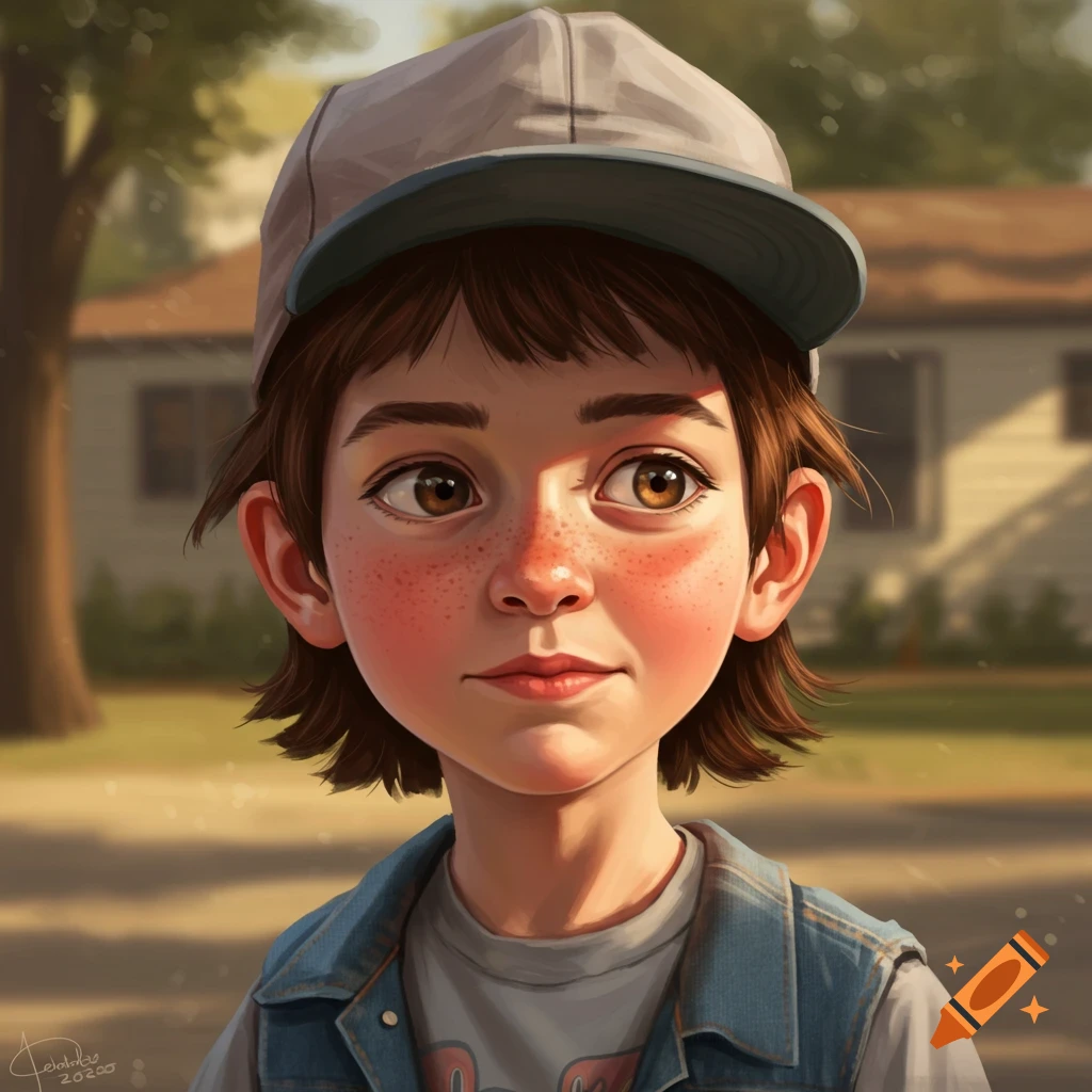 Stylized portrait of a brown-haired boy wearing a grey baseball cap and a denim vest, looking forward.
