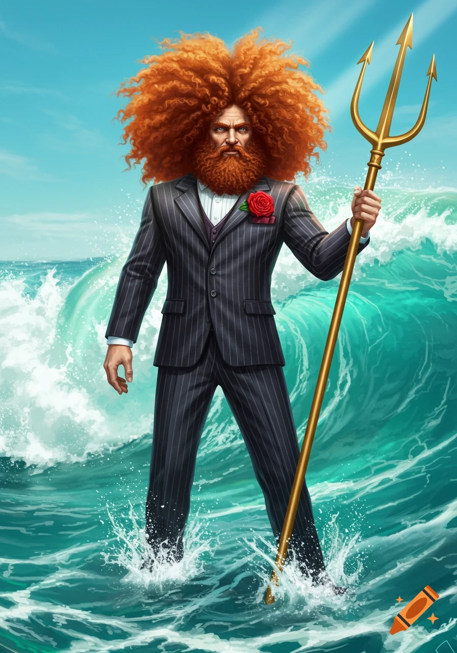 A man with a large reddish curly afro and beard, wearing a pinstripe suit with a rose, stands in rough ocean waves holding a golden trident.