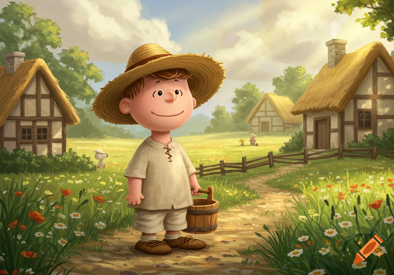 Charlie Brown dressed as a peasant in a straw hat, holding a bucket, stands in a sunny field with cottages and wildflowers.