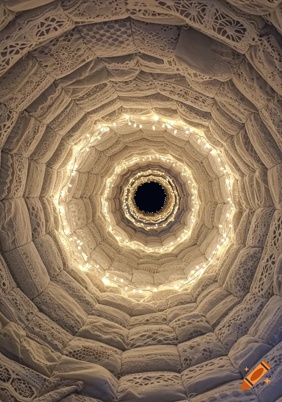 A tunnel made of intricately patterned white lace and fabric, illuminated by warm string lights, looking towards a dark circular opening.
