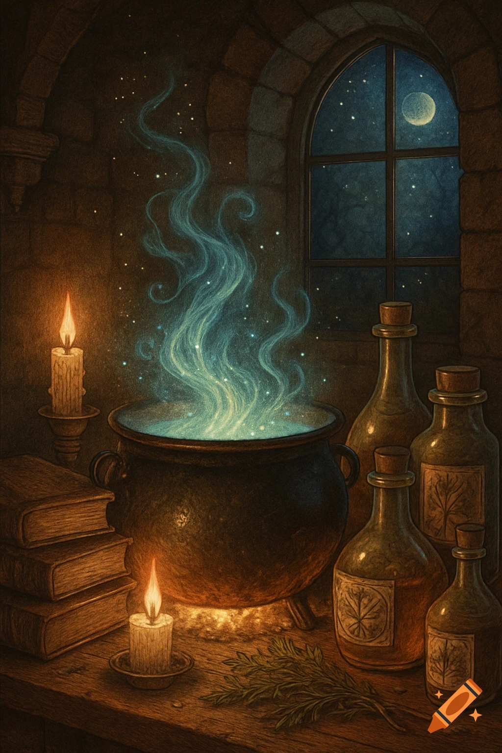 A glowing cauldron emits blue magical smoke in a dimly lit stone room with candles, stacked books, and various corked potion bottles on a wooden table. A full moon is visible through an arched window.