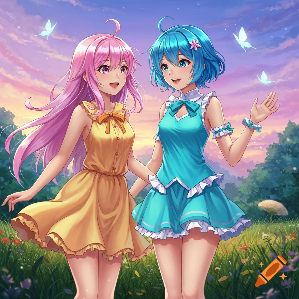 Two smiling anime girls with pink and blue hair walk through a field with glowing butterflies under a colorful sunset sky.