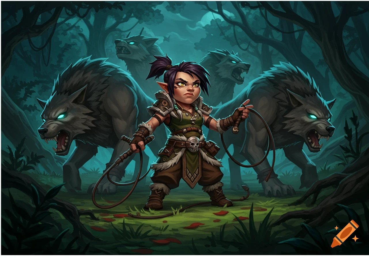 A fierce, small fantasy character with elf-like ears stands in a dark forest, holding whips, flanked by three glowing-eyed wolves in a cartoony style.