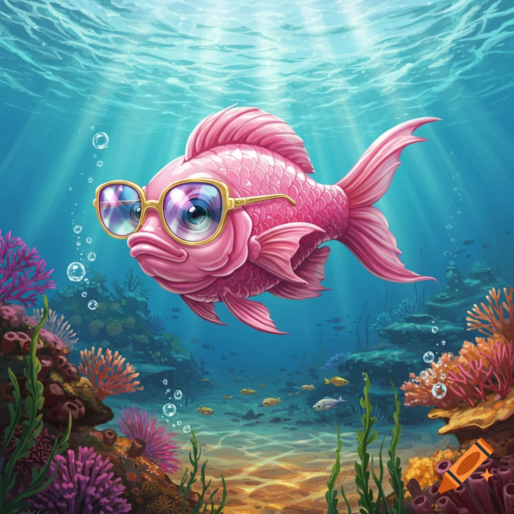 A cartoon pink fish wearing yellow sunglasses swims in a vibrant blue underwater scene with colorful coral reefs.