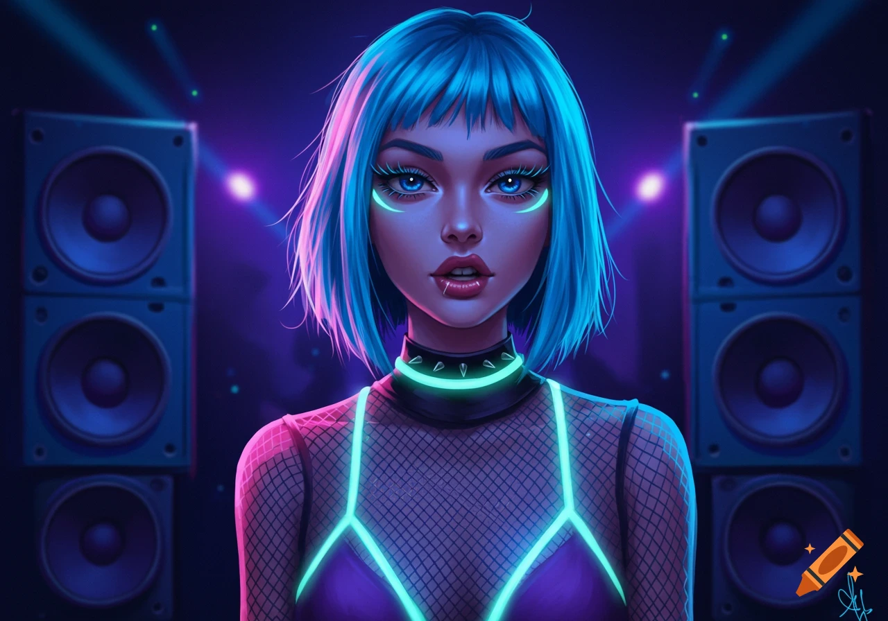 Stylized portrait of a woman with blue hair and neon makeup, wearing a mesh top and bralette, illuminated by neon lights and lasers near large speakers. Digital art.