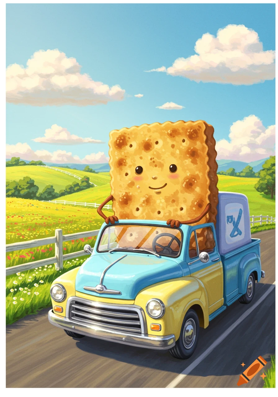 A cheerful anthropomorphic cracker drives a blue and yellow pickup truck down a road through a sunny, green countryside.